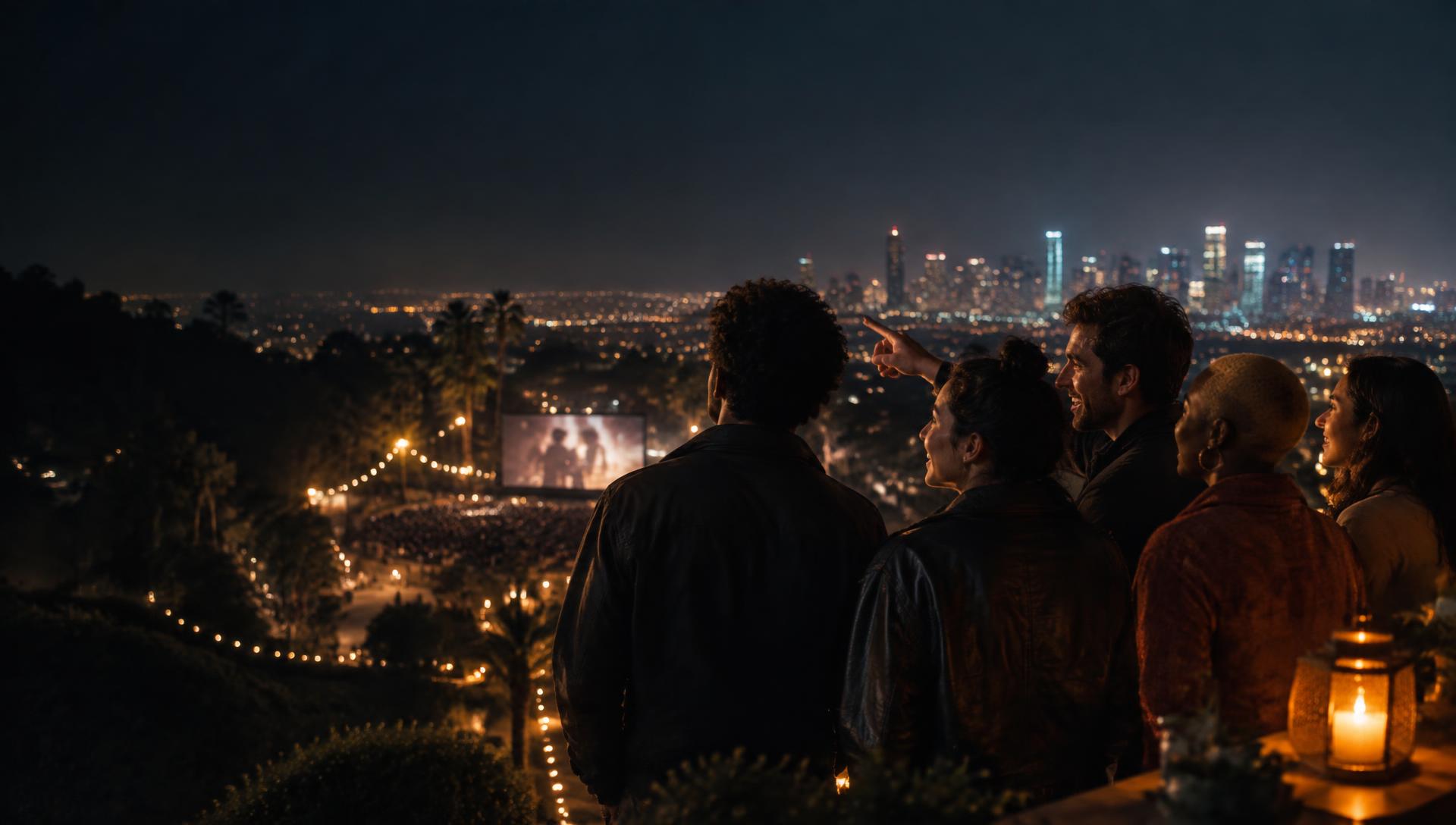 Friends watching an outdoor cinema together at night